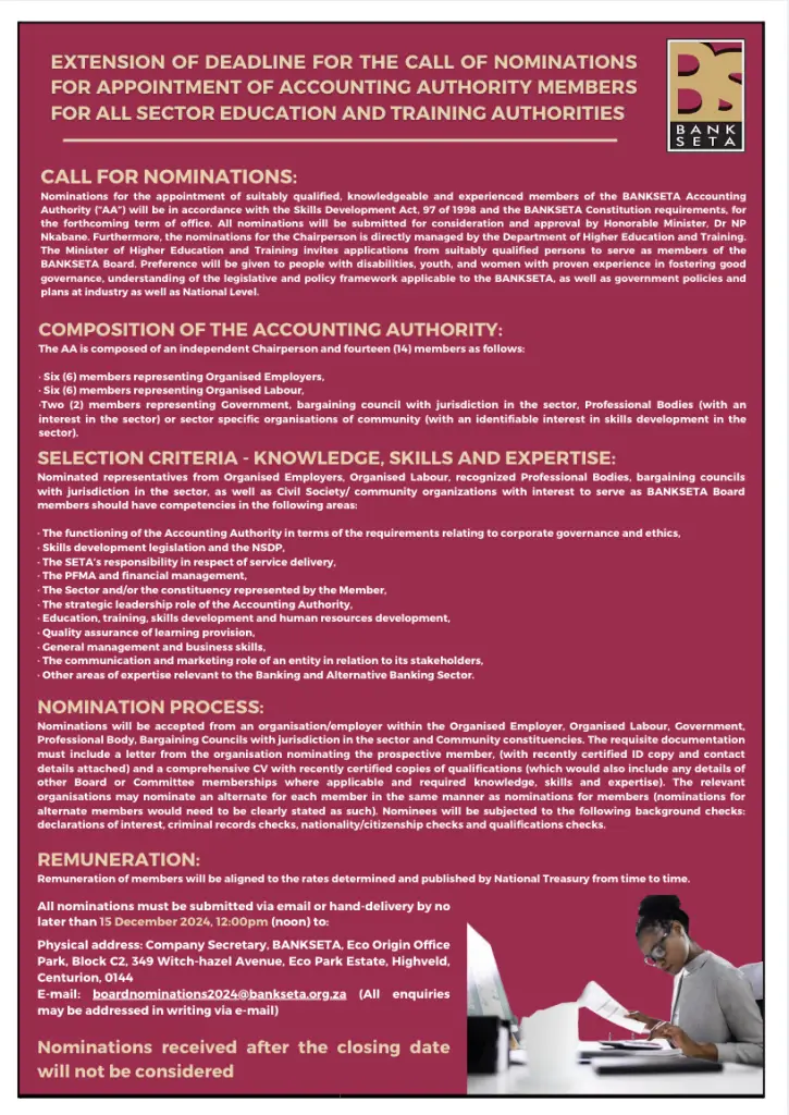 Extension of Deadline for the Call of Nominations for Appointment of Accounting Authority Members for BANKSETA